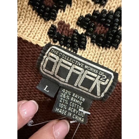 Berek Sweater Womens L Brown Animal Print Leopard Beaded Cardigan Button Vintage - Picture 7 of 16